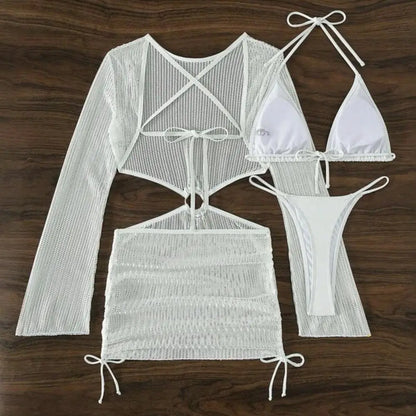 3Pcs/Set Women Bikini Set Halter Bra Lace-up Swimsuit Set With Mesh Yarn Cover Up Dress Solid Color Knitted Swimwear For Women