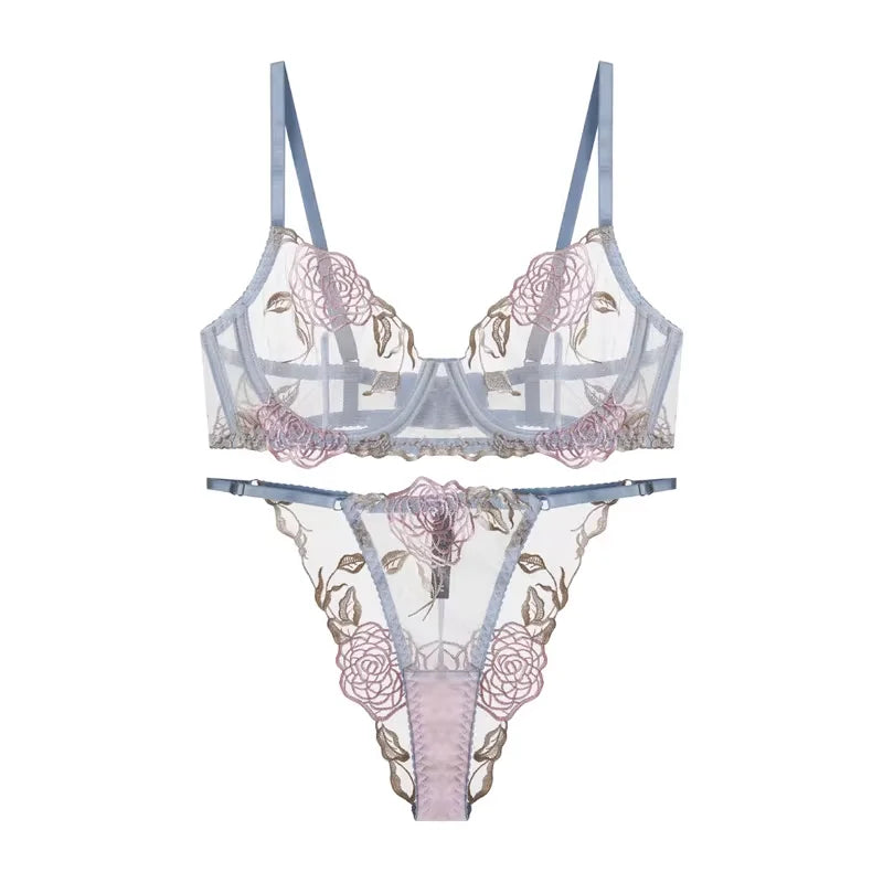 YUQI French Romantic Lace Underwire Minimizer Bra Sexy Sheer Tulle Luxury Lingerie Set Full Bust Support Modern Elegant & Women
