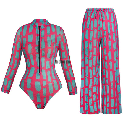 Riseado Mesh Swimsuit with Long Pants & Swimdress Long Sleeve Mesh Beachwear Sexy High Waist Bathing Suit Smart Beach Clothing