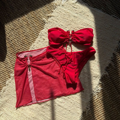 With Mesh Skirt Bandeau Bikini Women Swimwear Female Swimsuit Three-pieces Bikini Set Metal Ring Bathing Suit Swim Beachwear