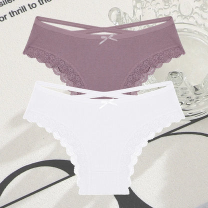 2PCS Cotton Panties for Women Sexy Lace Brazilian Briefs Female Low-Waist Cross Webbing Underpants Stretch Breathable Intimates