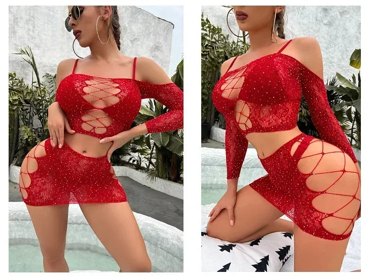 Hot Sexy Lingerie Diamond Fishnet Stockings Women Rhinestone Open Crotch Mesh Body Tights Exotic Lingerie Fishnet Bodysuit