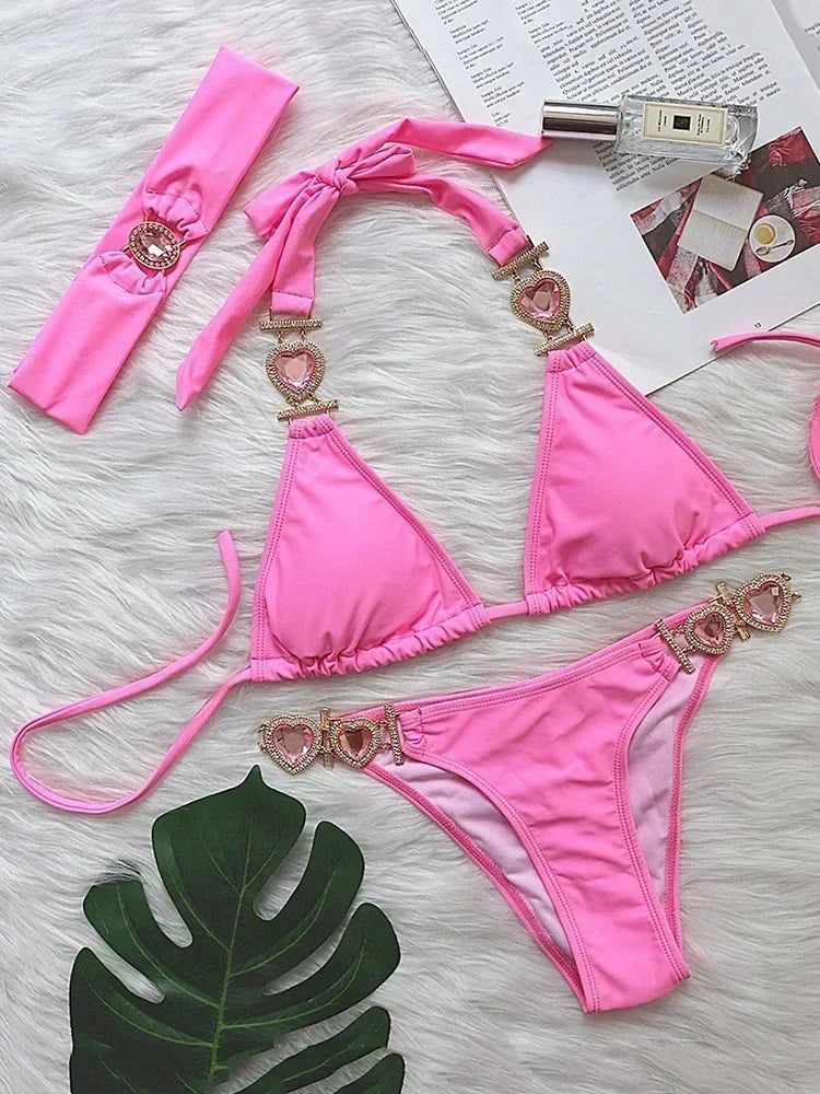 2025 Shiny Rhinestone Diamond Bikini Women Swimsuit Female Swimwear Two Pieces Bikini Set Halter Metal Chains Bathing Suit Swim