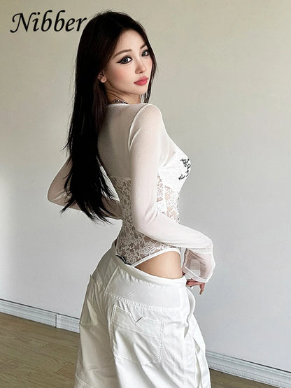 Nibber Lace up Woman Letter Print Bodysuits U Collar Hollow Out Long Sleeves Skinny Mesh Look Slimmer Korean Hottie Outfits