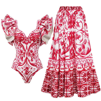 Printed Ruffle One Piece Swimsuit With Cover Up Sexy Swimwear Women Flat Belly Swim Suits Bathsuit Belt Bodysuit Beach Outing