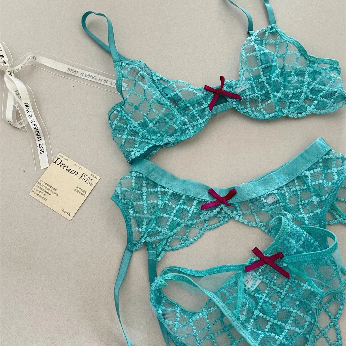 Bra + Panties + Garter, Lace Ultrathin Transparent Push Up Women Sexy Sleep Underwear Sets Lattice Push Up Young Girls Blue