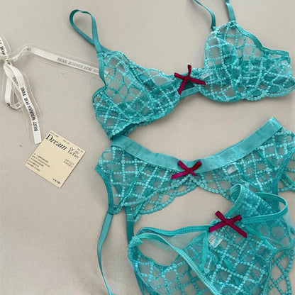 Bra + Panties + Garter, Lace Ultrathin Transparent Push Up Women Sexy Sleep Underwear Sets Lattice Push Up Young Girls Blue