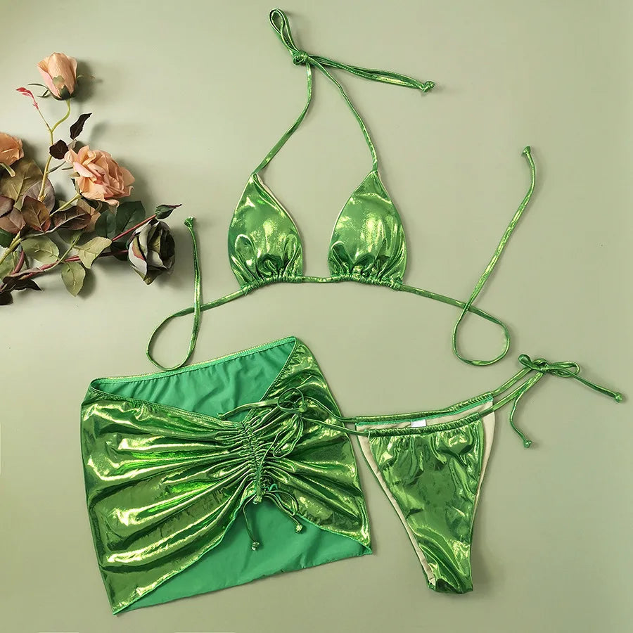 Shiny Golden Silver 3 Piece Bikini Set with Cover Up Sexy Micro Thong Swimsuit Women 2025 Drawstring Halter Swimwear Beachwear