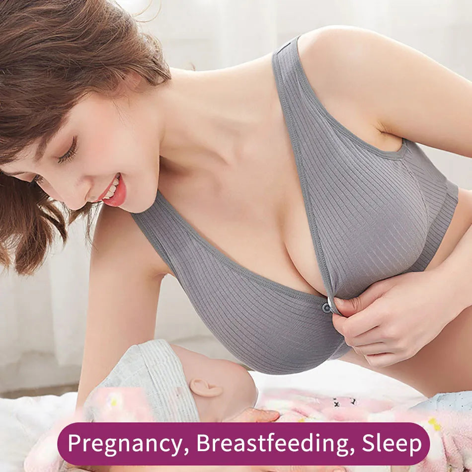 Cotton Nursing Bra for Pregnant Women Padded Ribbed Wire-Free Breathable Bralette Front Opening Breastfeeding Maternity Clothing