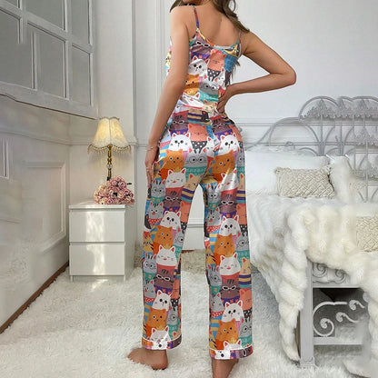 Sexy Lip Print Satin Pajama Pyjama Set V Neck Cami Tops & Elastic Pants For Valentine's Day Women Sleepwear & Loungewear 2 Piece