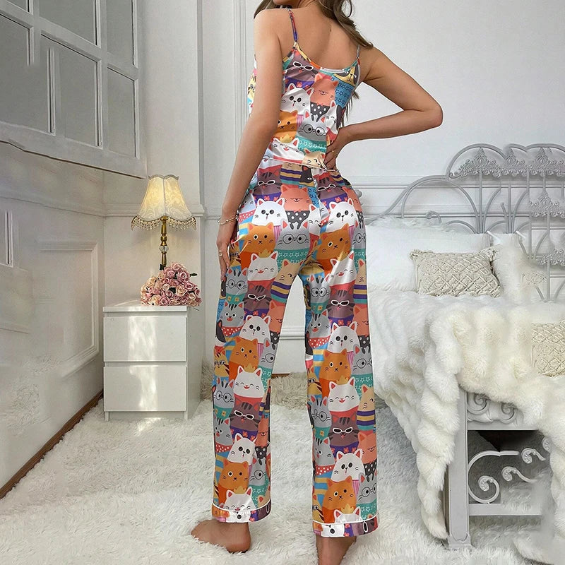 Sexy Lip Print Satin Pajama Pyjama Set V Neck Cami Tops & Elastic Pants For Valentine's Day Women Sleepwear & Loungewear 2 Piece