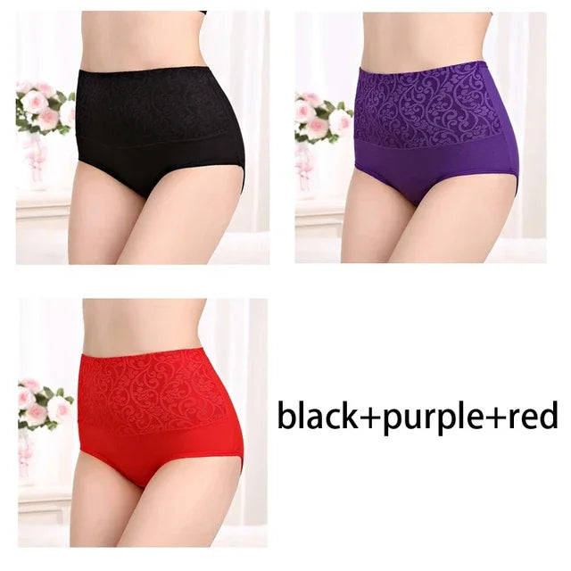 Plus Size Women's Cotton Underwear High Waisted Tummy Control Panties Full Coverage Briefs Jacquard Ladies Panty 3 Pack