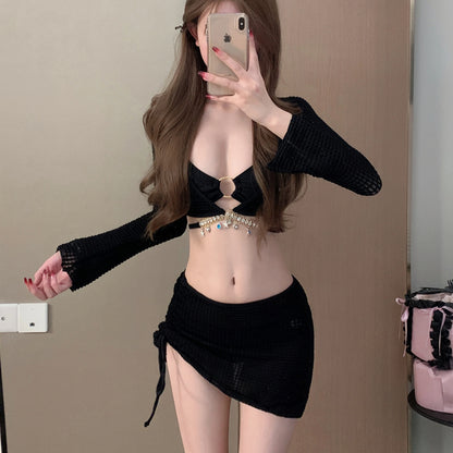 Pure Desire Women's Bikini Swimsuit Set Conservative Slimming Small Chest Gathered Holiday Swimwear Four-Piece Ensemble