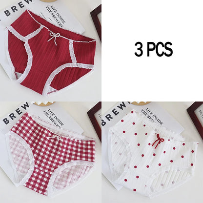 3pcs Cotton Women's Panties Sweet Cute Printed Student Mid-Waist Underwear Fashionable Breathable Girls Daily Briefs