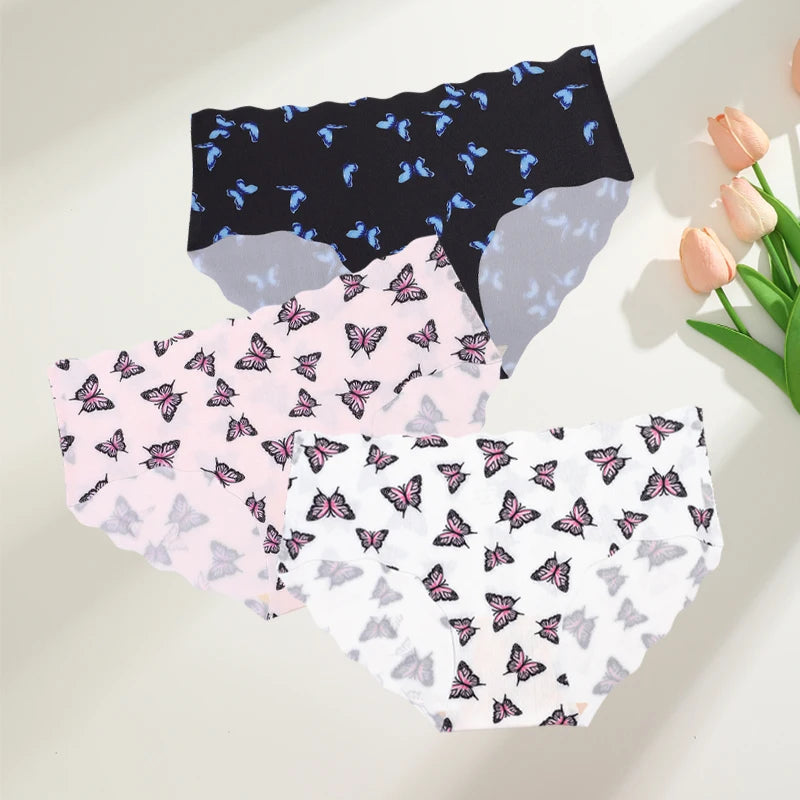 FINETOO 3Pcs Seamless Print Underwear for Women Sexy Leopard Butterfly Briefs Female Ice Silk Panties Comfortable Lingerie S-XXL