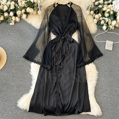 Sexy Embroider Edge Lady Kimono Bathrobe Dress Gown Mesh Sleeve Wedding Long Robe Sleepwear Loose Silk Satin Nightwear Lingerie