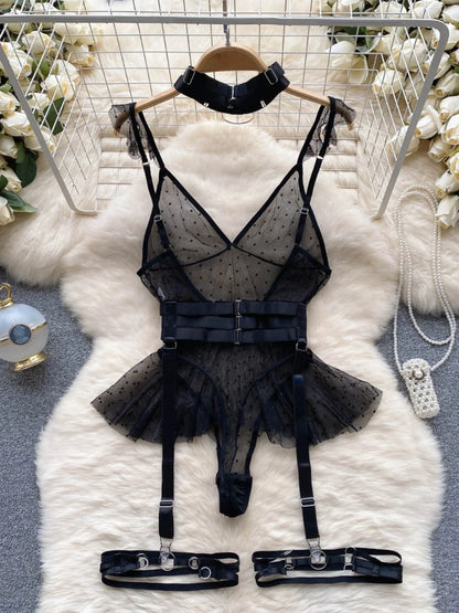 ssTss Ins trendy Girl Sexy Mesh Bottom Strap V-neck one-piece Top bodysuit women's Slimming Waist Ruffle Hemp Vest Jumpsuit