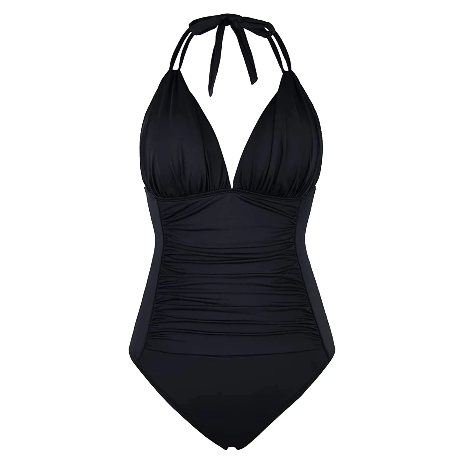 Basic Solid Color Halter One Piece Tummy Control Swimwear New Push Up Ruched Swimsuit  Beachwear Bathing Suit for Lady