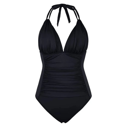Basic Solid Color Halter One Piece Tummy Control Swimwear New Push Up Ruched Swimsuit  Beachwear Bathing Suit for Lady