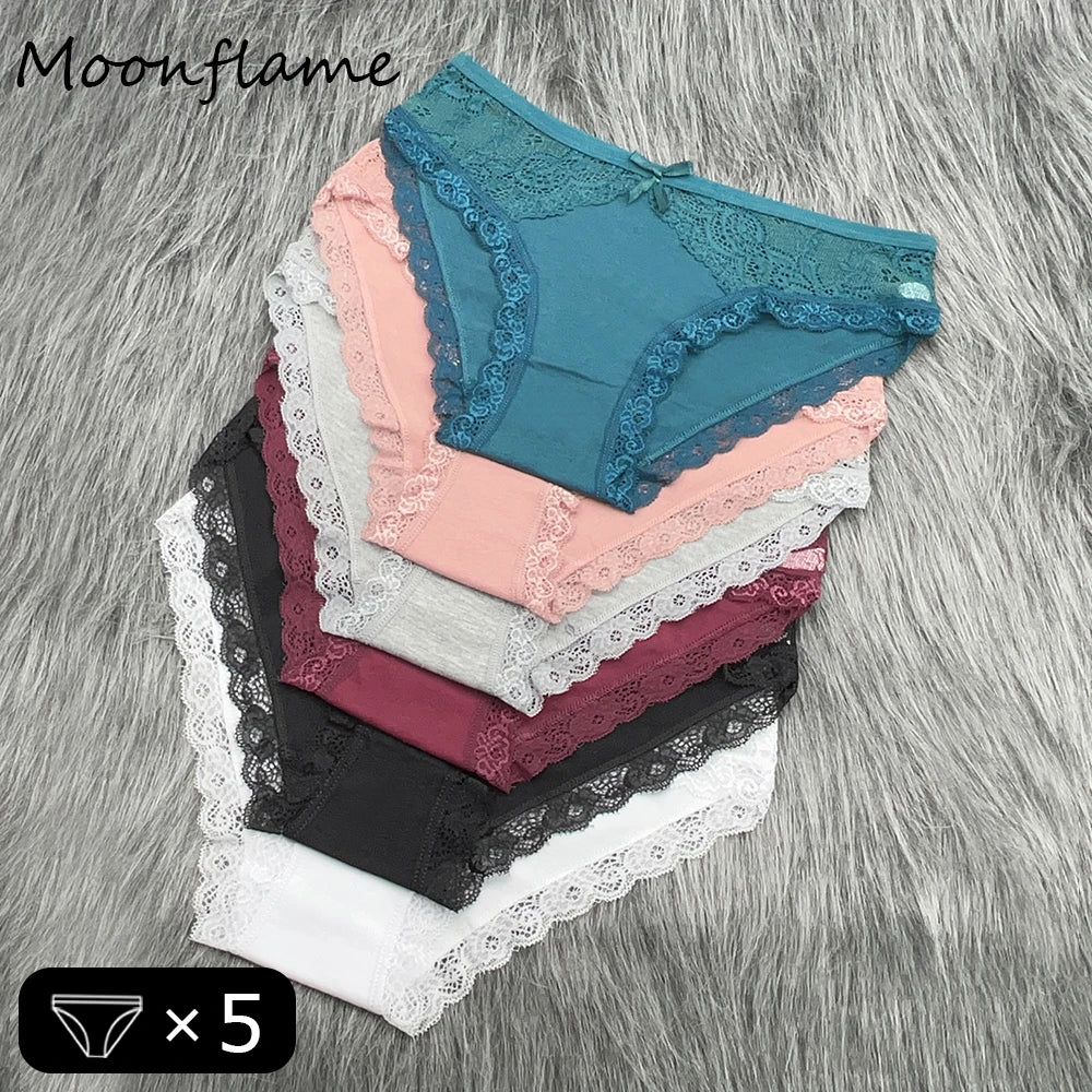Moonflame 5 Pcs Female Underwear Girls Low Rise Cotton Briefs Sexy Lace Adult Women's Sexy Panties