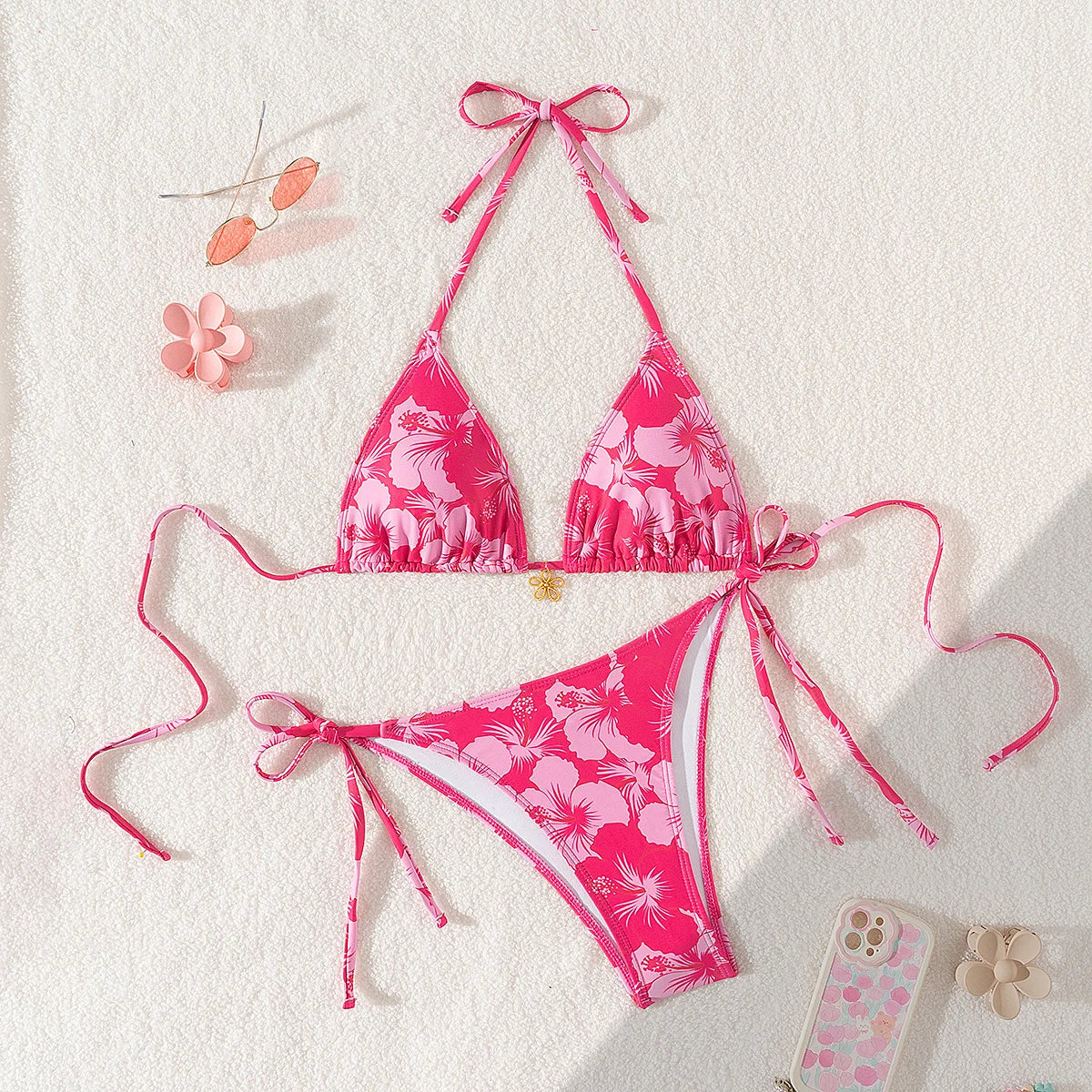 2025 New Women's Bikini Set  Adjustable Tie Side Bandage Swimwear High-End Sexy Two-Piece Bathing Suit Summer Beach Push Up