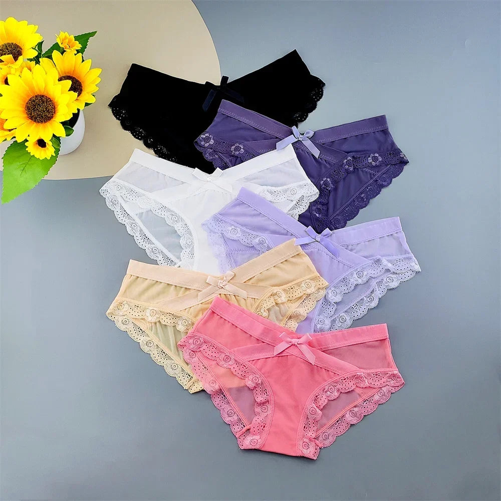3 Pieces Hot Comfortable Mesh Briefs Women Sexy Seamless Lace Trim Underwear Cute Bow Ladies Breathable Briefs Plus Size