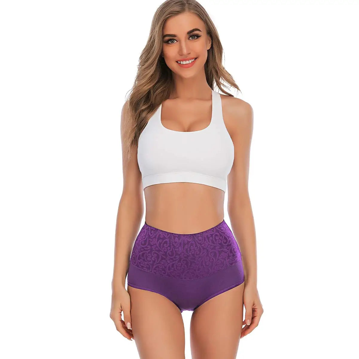 Plus Size Women's Cotton Underwear High Waisted Tummy Control Panties Full Coverage Briefs Jacquard Ladies Panty 3 Pack