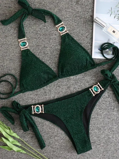 2025 Shiny Rhinestone Diamond Bikini Women Swimsuit Female Swimwear Two Pieces Bikini Set Halter Metal Chains Bathing Suit Swim
