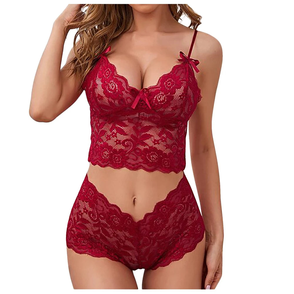 Sexy Sheer Lingerie Underwear Set Women Transparent Lace Bra Set 2023 Vest Camisole Crop Top Panties Outfits Shorts Sleepwear