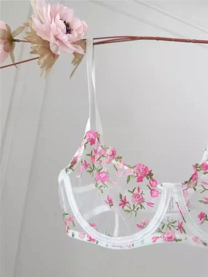 YUQI French Style Luxury Lingerie-Floral Embroidery Black Sheer Bra Set, Sensual Women's Intimates Elegant Transparent Underwear