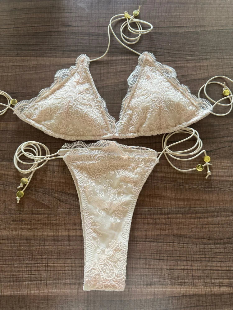 Sexy Lace Bikinis Patchwork Swimsuit Women Bathing Suits Bandage Swimwear Mujer Beachwear Triangle Bikini Set