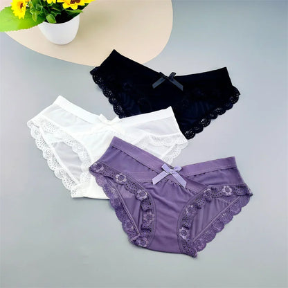 3 Pieces Hot Comfortable Mesh Briefs Women Sexy Seamless Lace Trim Underwear Cute Bow Ladies Breathable Briefs Plus Size