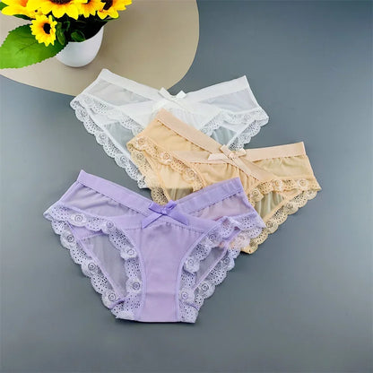 3 Pieces Hot Comfortable Mesh Briefs Women Sexy Seamless Lace Trim Underwear Cute Bow Ladies Breathable Briefs Plus Size