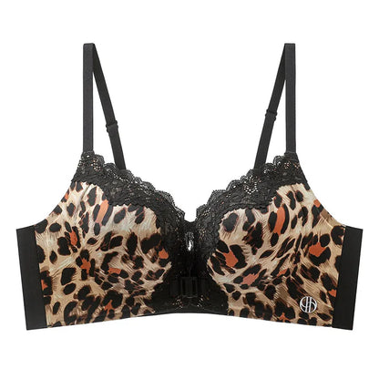 Front Closure Push Up Bras for Women Padded Sexy Small Bust Plunge Lace Leopard Print Underwire Bralette