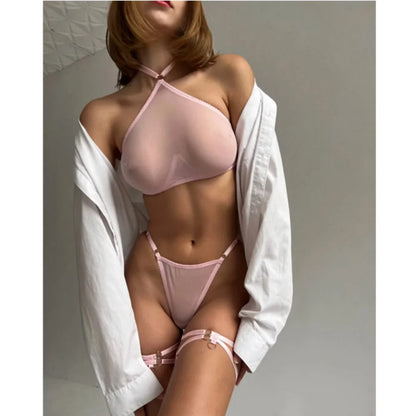 Krasapt Sexy Ultra-thin See-through Mesh Halter 3 Items Female Underwear Set Erotic Lingerie Set With Thigh Ring Delicate Set