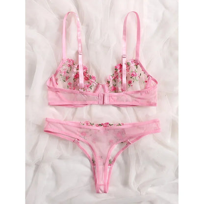 Lingerie Sexy Floral Embroidery Underwear Transparent Lace Short Skin Care Kits Delicate Fairy Set Woman 2 Pieces