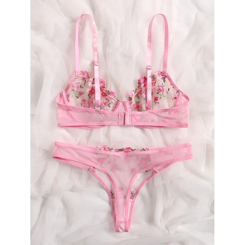 Lingerie Sexy Floral Embroidery Underwear Transparent Lace Short Skin Care Kits Delicate Fairy Set Woman 2 Pieces
