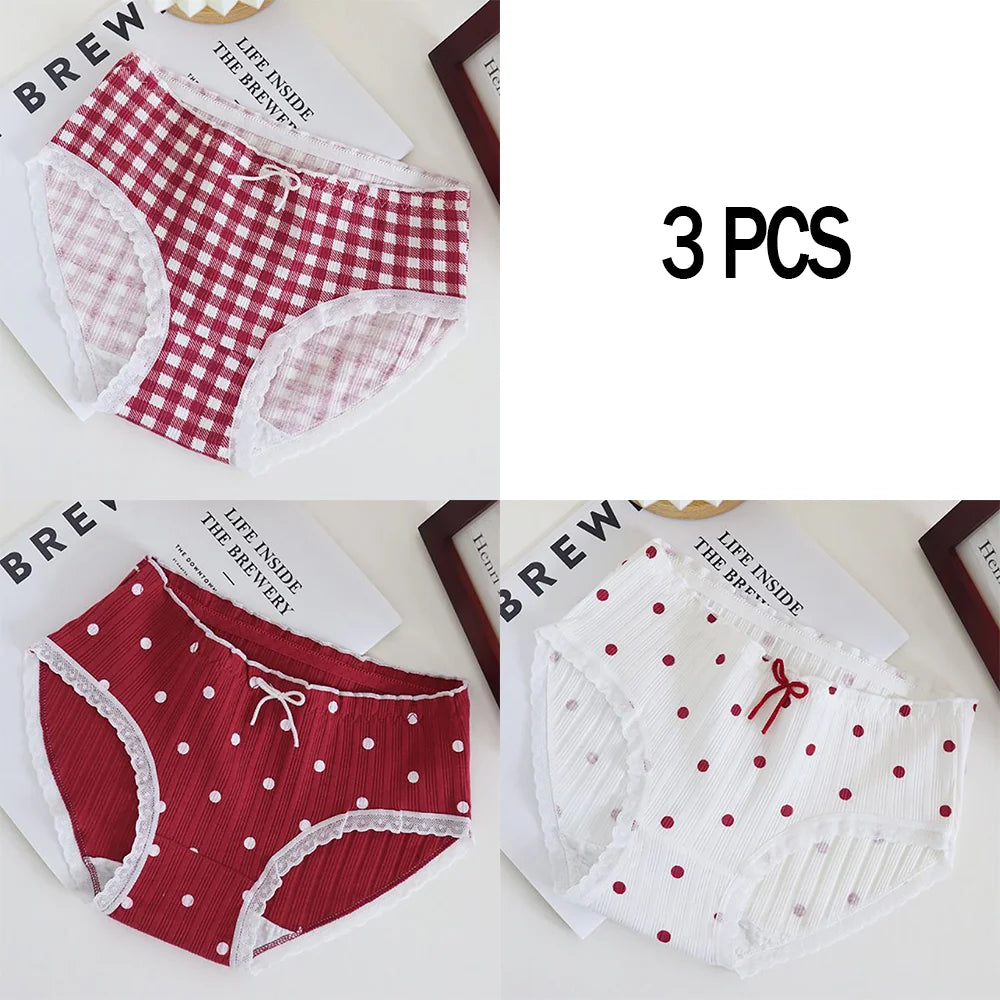 3pcs Cotton Women's Panties Sweet Cute Printed Student Mid-Waist Underwear Fashionable Breathable Girls Daily Briefs
