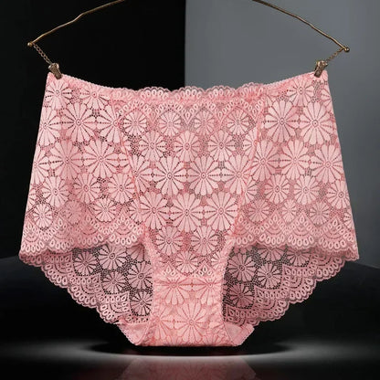 1Pc Fashion Women High Waist Plus Size Panties Lace Mesh Floral Transparent Briefs Underwear Solid Seamless Underpants Lingerie