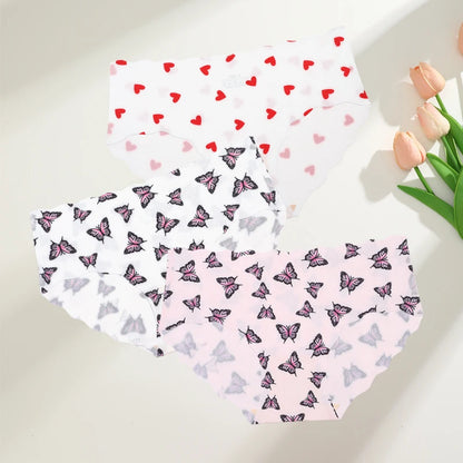FINETOO 3Pcs Seamless Print Underwear for Women Sexy Leopard Butterfly Briefs Female Ice Silk Panties Comfortable Lingerie S-XXL