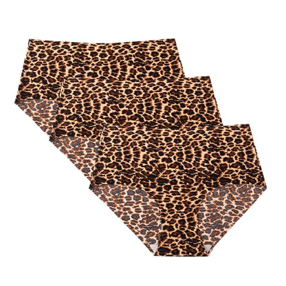 3pcs Women's Seamless Ice Silk Panties Female Mid Waist Plus Size Leopard Print Underwear Girls Fashion Brief Lady Comfort Panty