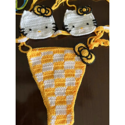 Sanrio Cute Bikini Set Crochet Girls Swimsuit Hello Kitty Sexy Bathing Suit Kwaii Women Swim Suit Bandage Micro Bikinis Swimwear