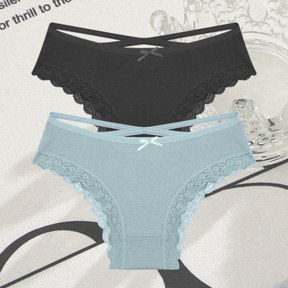 2PCS Cotton Panties for Women Sexy Lace Brazilian Briefs Female Low-Waist Cross Webbing Underpants Stretch Breathable Intimates