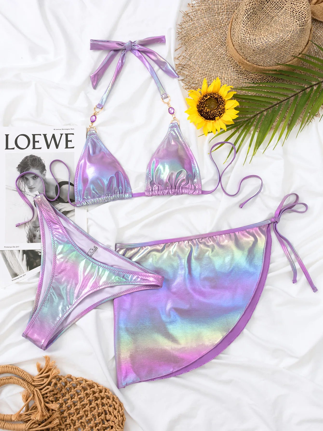 sexy purple metallic glitter halter bikinis sets three pieces with cover skirt thong swimsuits beachwear bathing suits swimwear