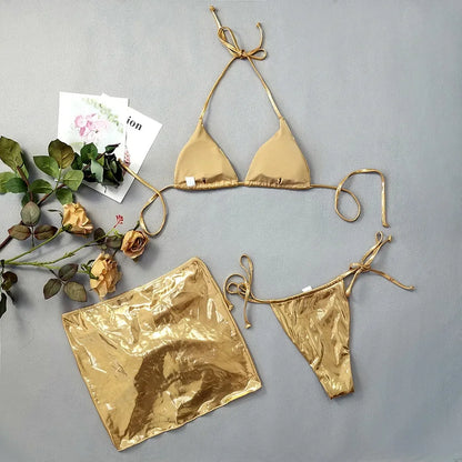 Shiny Golden Silver 3 Piece Bikini Set with Cover Up Sexy Micro Thong Swimsuit Women 2025 Drawstring Halter Swimwear Beachwear