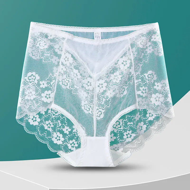 Women High Waist Plus Size Panties Sexy Lace Mesh Floral Transparent Briefs Fashion Underpants Lingerie  Seamless Underwear