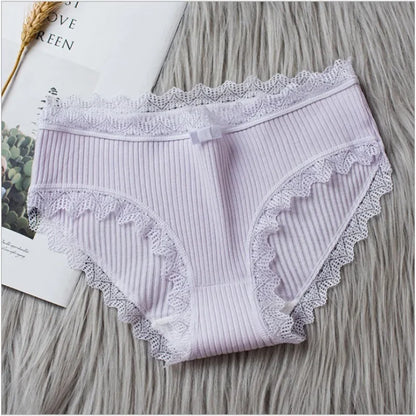 Cotton Sexy Lace Mid Waist Underwear Threaded Brief Solid Color Skin Friendly Ladies Underpant Breathable Fashion Casual Panties