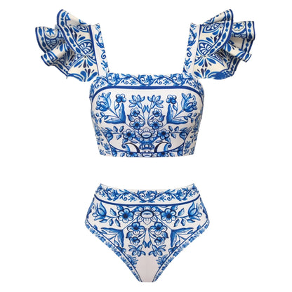 Printed Ruffle One Piece Swimsuit With Cover Up Sexy Swimwear Women Flat Belly Swim Suits Bathsuit Belt Bodysuit Beach Outing