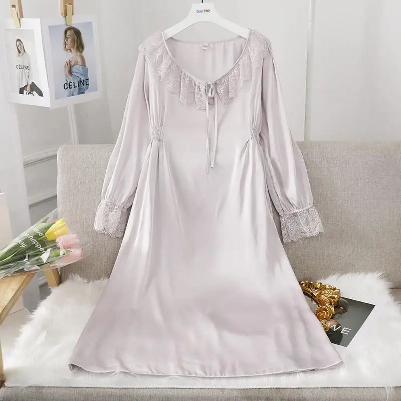 Female Long Nightdress Sexy Hollow Lace Sleepwear Home Dress Palace Style Princess Nightgown Nightwear Casual Satin Loungewear
