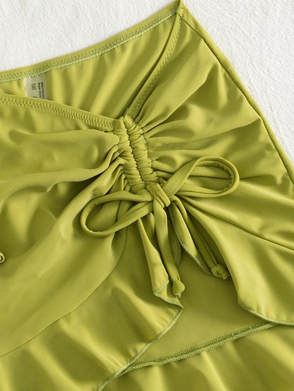 Women's Green 3 Piece Swimwear Set, Ruched Bikini Top with Metal Ring Detail and Ruffled Cover Up Skirt